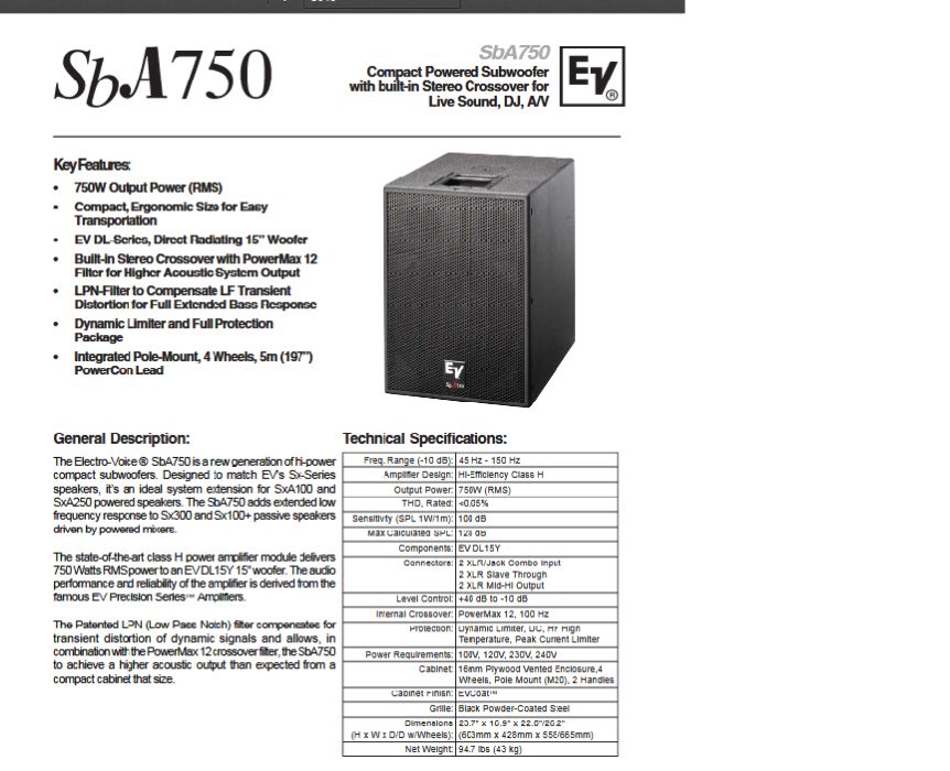 Electro - Voice SBA 750. Aktywny Subwoofer 750 watt