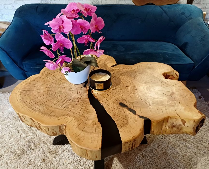 Stolik kawowy 105x83cm PIĘKNY OKAZ LIVE EDGE plaster drewna loft
