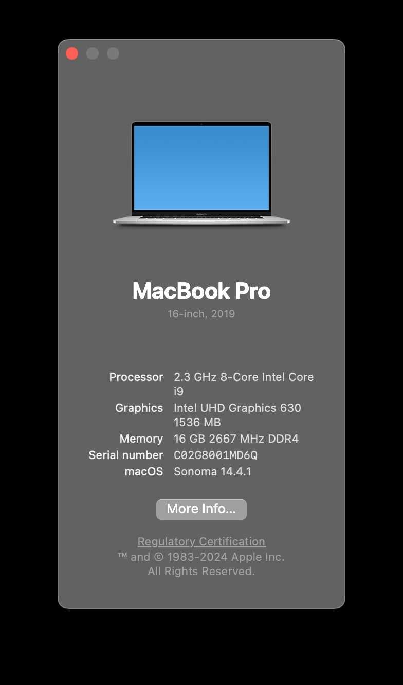 MacBook Pro 16-inch 2019, 16 GB, 1 TB, Intel Core i9
