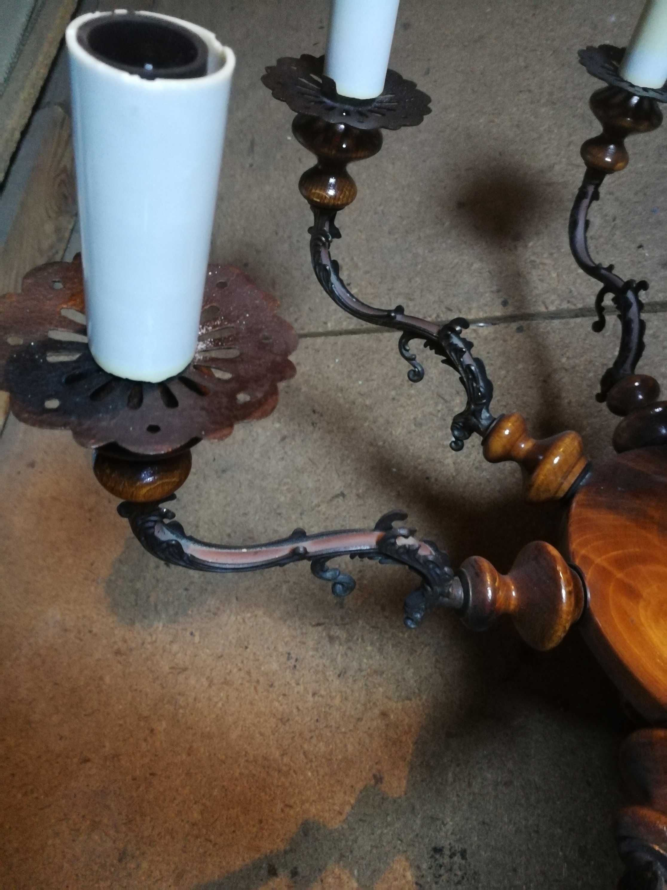 Żyrandol, lampa antyczna mosiężno-drewniana