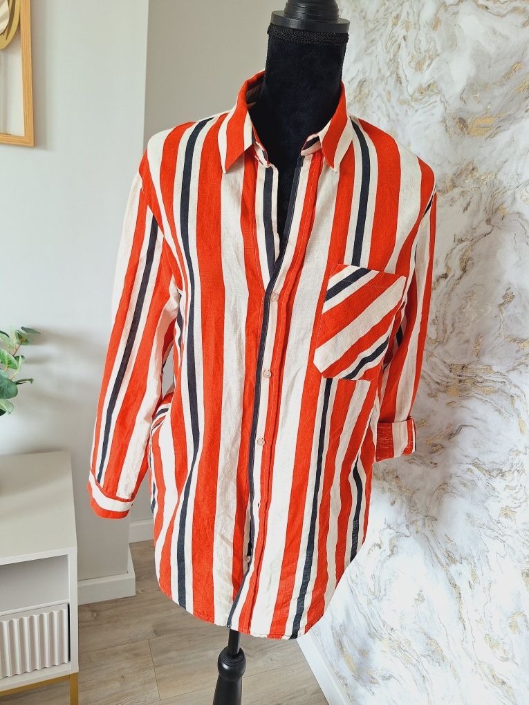 Koszulka w paski lniana Zara cotton linen boho casual wiralowa