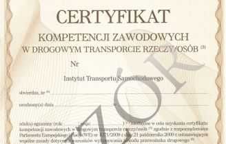 Certyfikat Kompetencji Zawodowych w Drogowym Transporcie Rzeczy 250zł