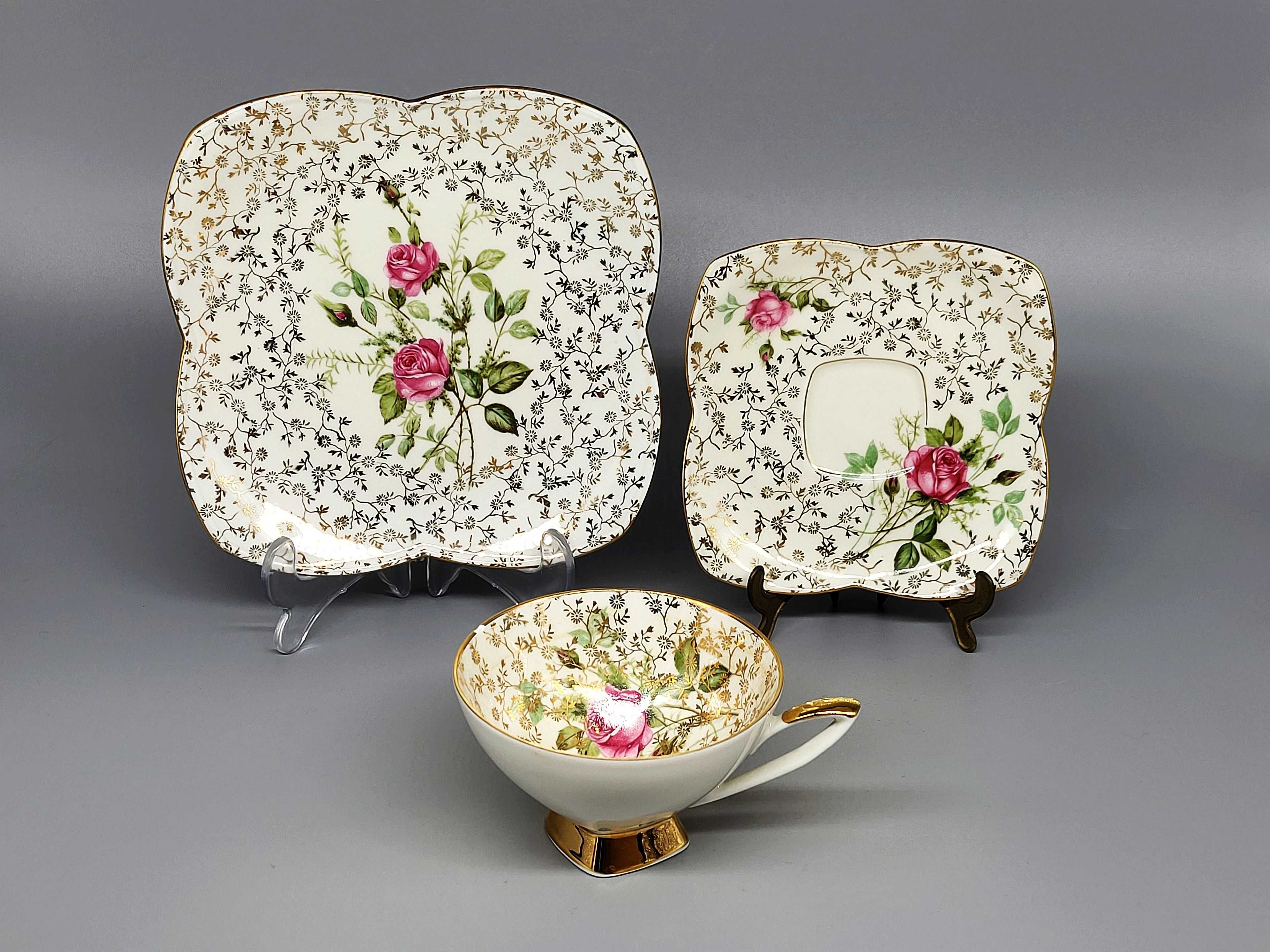 Róża Filiżanka trio zestaw śniadaniowy porcelana ALKA BAVARIA vintage