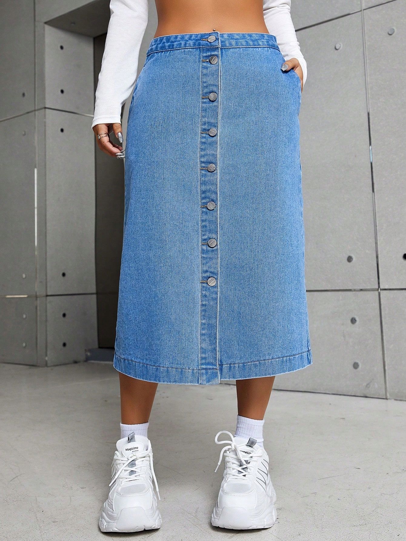Spódnica Jeansowa Rozpinana Niebieska Midi Casual Shein M 38