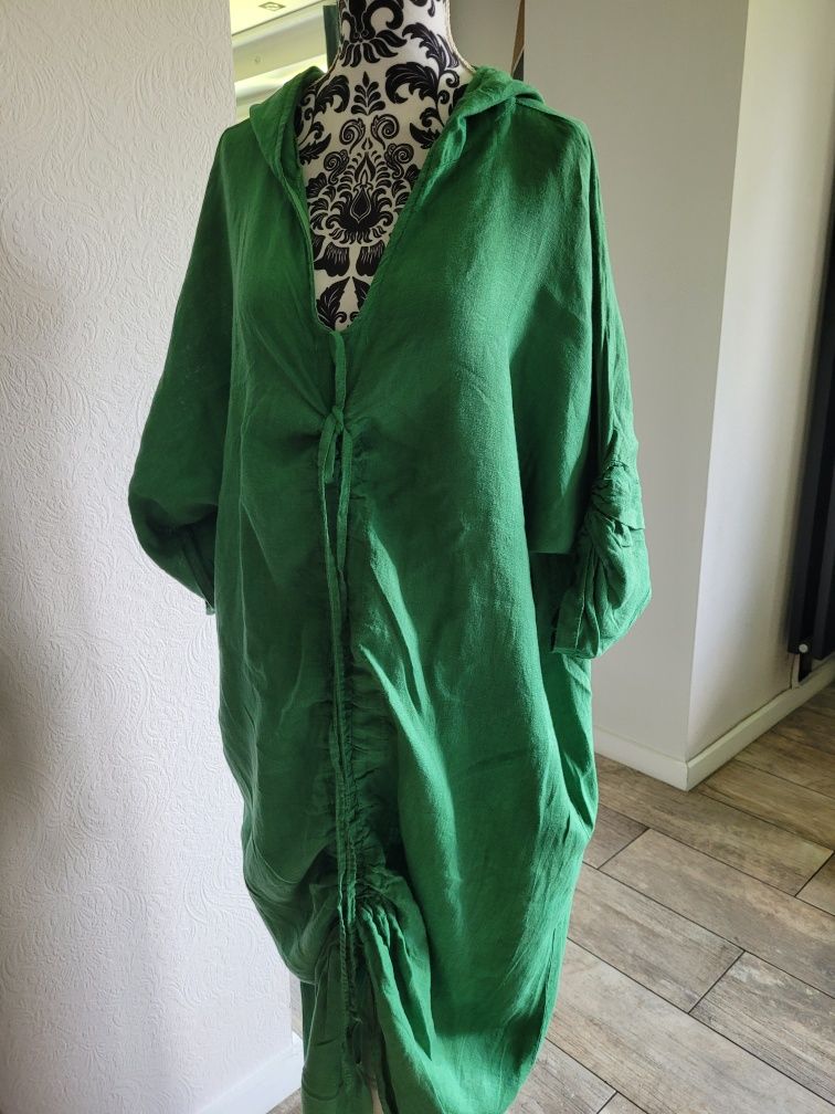 Sukienka zielona len oversize z kapturem, kieszeniami luźna