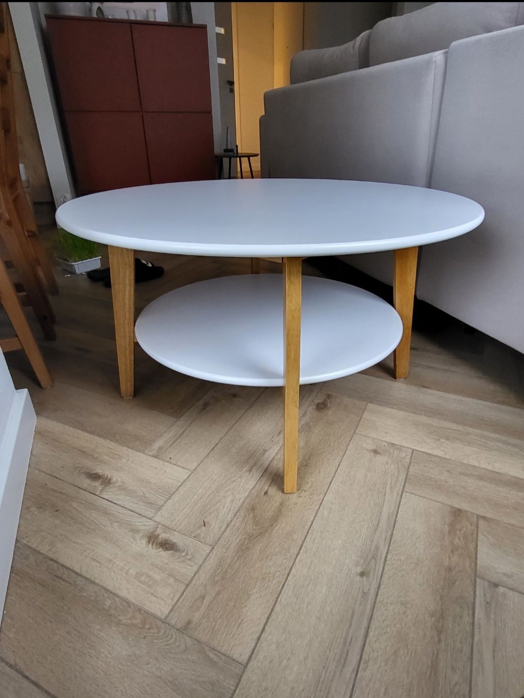 Stolik kawowy stół ława biały okrągły drewno