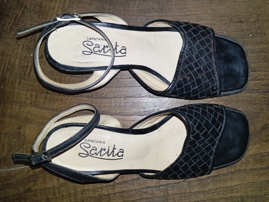 Sandálias Couro Salto Azul Escuro Vintage - Sarita