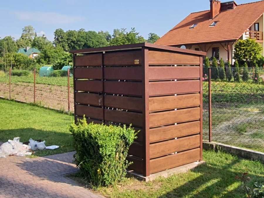 Wiata śmietnikowa 1,4x1,4m panele drewnopodobna blaszana zabudowa