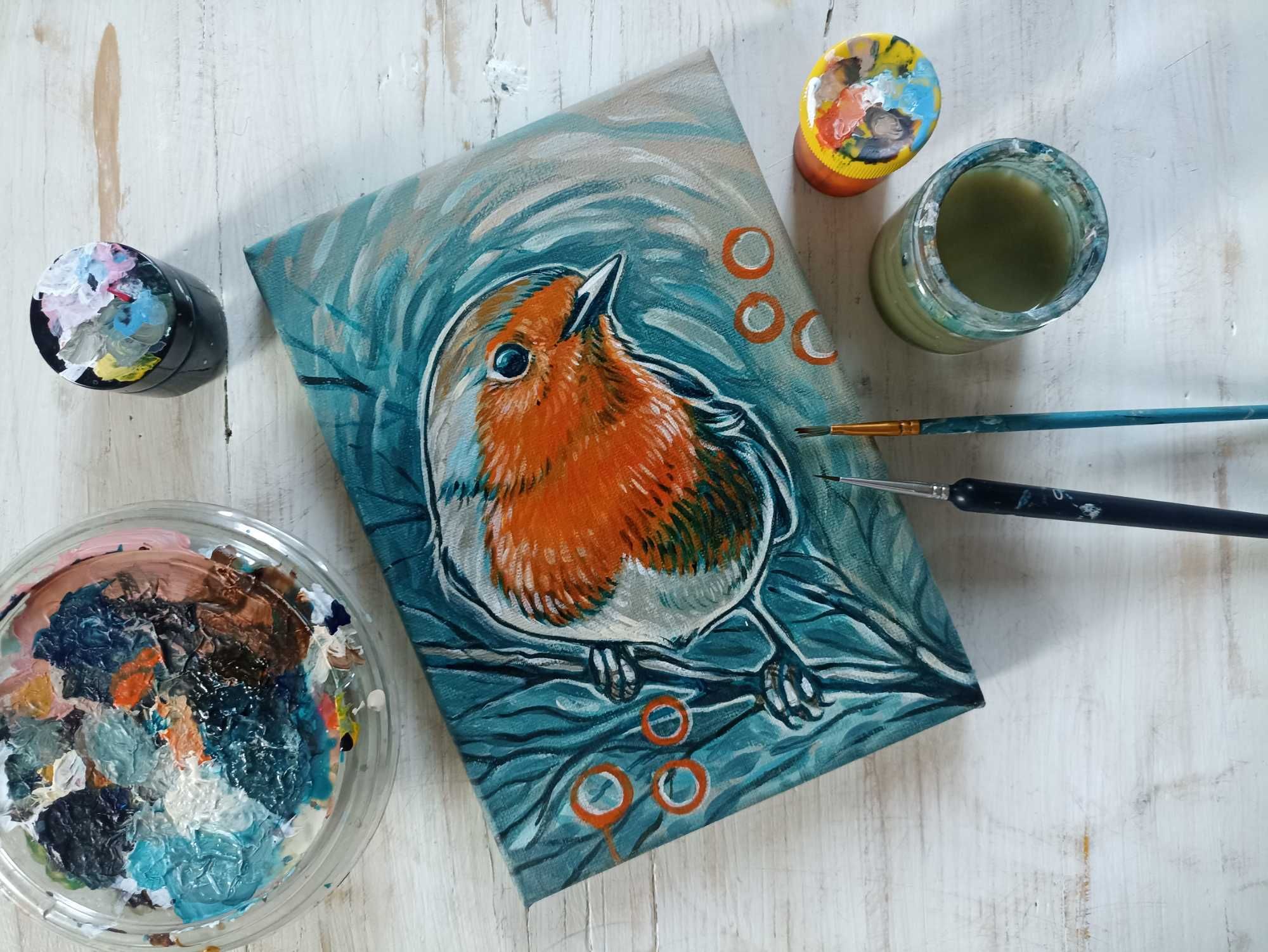 Obraz na płótnie 15x21cm, rudzik, akryl, ręcznie malowany oryginał