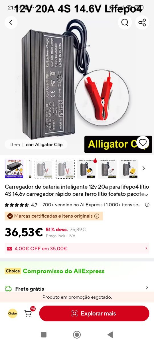 Carregador bateria lítio 4S 14.6V 20A - NOVO
