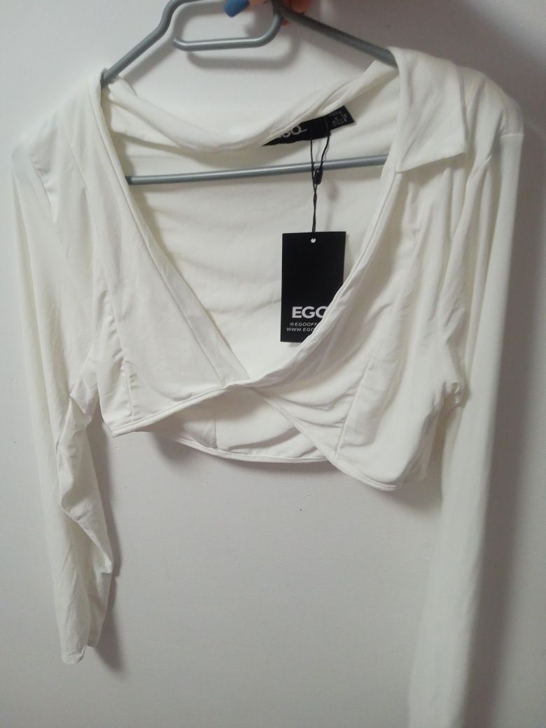 Bluzka crop top oversize biała głęboki dekolt elegancka nowa s M L xl