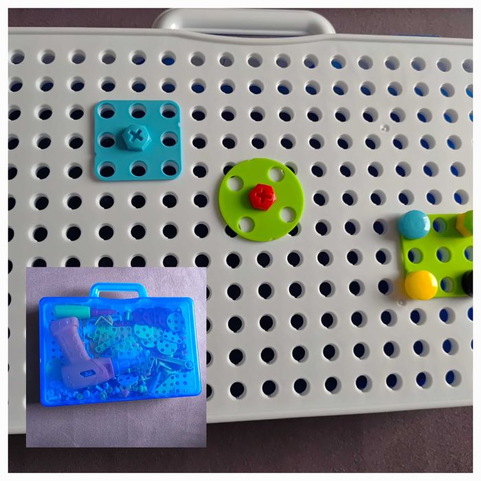 zestaw z wkrętarka, śrubokrętem i kluczem + klocki konstrukcyjne