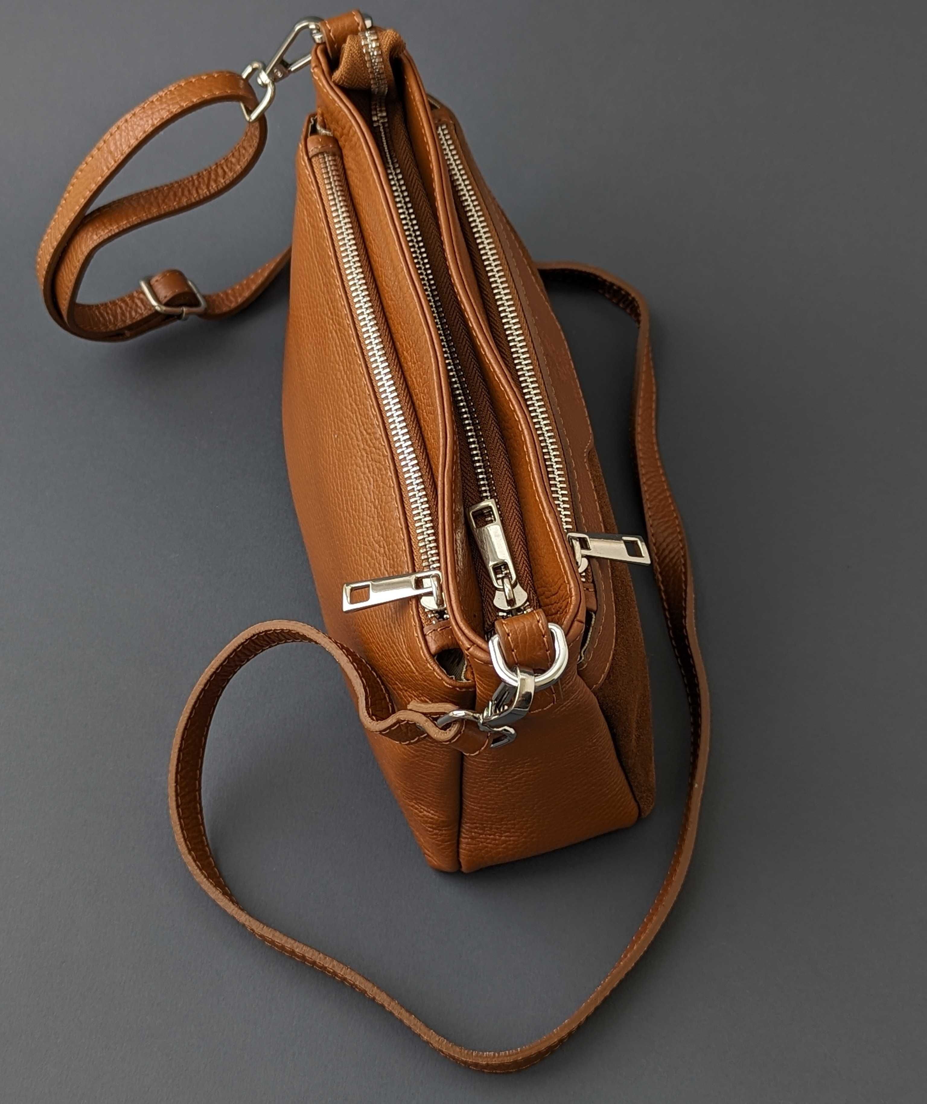 Удобная сумка кроссбоди 3 отдела, натуральная кожа. Vera Pelle, Италия