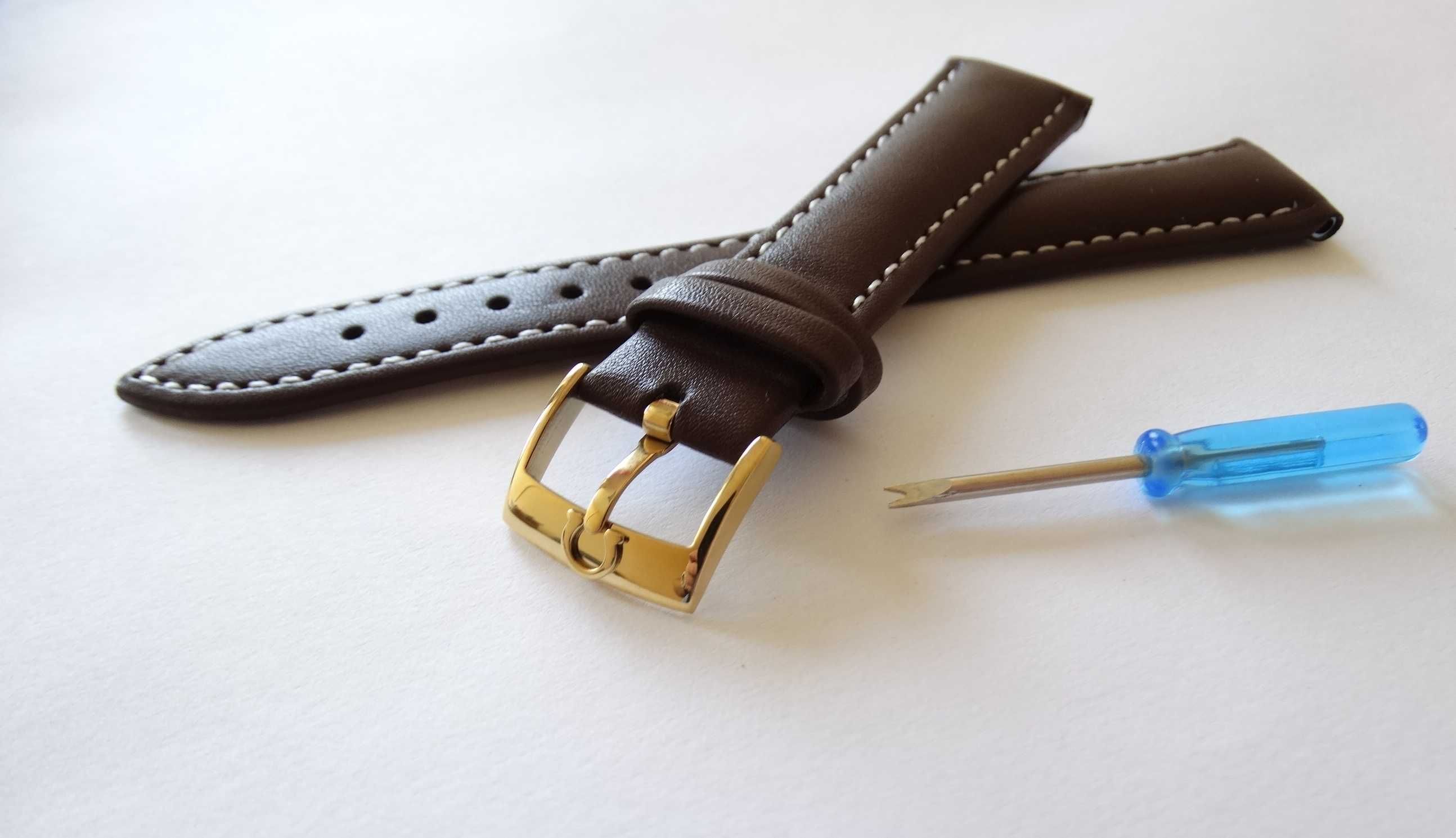 Pasek skórzany brązowy 18mm do zegarka Omega klamra złota połysk nowy