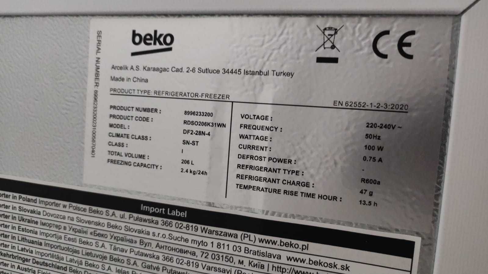 Lodówka Beko RDSO206K31WN Biała Led - jak nowa