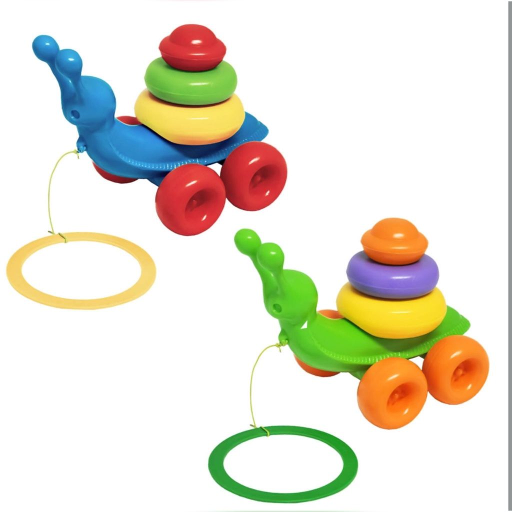 Розвиваюча іграшка каталка візочок тележка з мотузкою пірамідка равлик