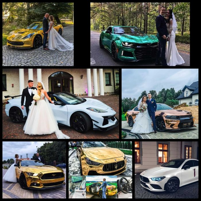 Wypożyczalnia, Wynajem Samochod do ślubu Złoty Mustang Corvette Audi