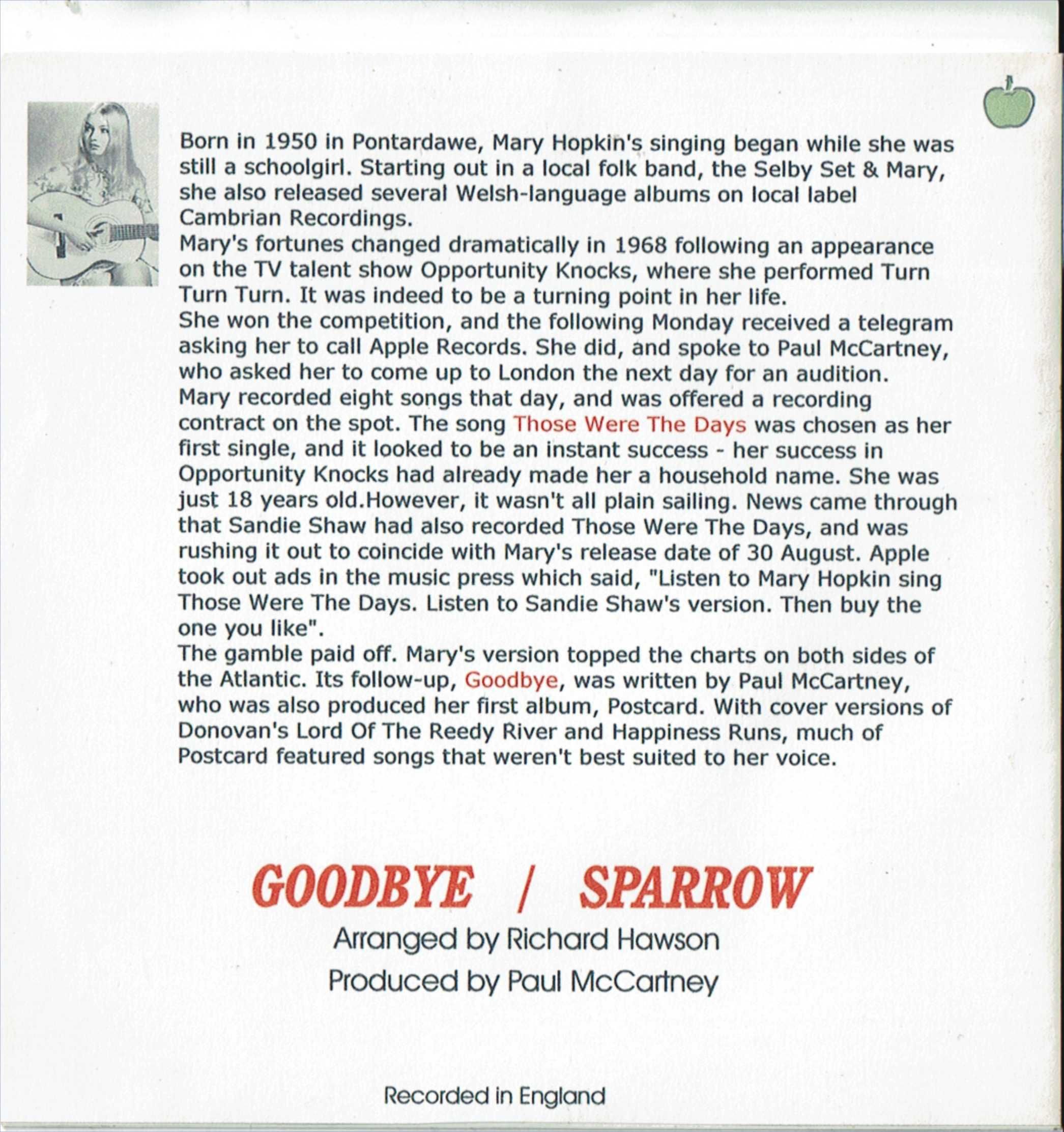 Mary Hopkin - Goodbye - Sparrow - 1968 - 45 rpm
