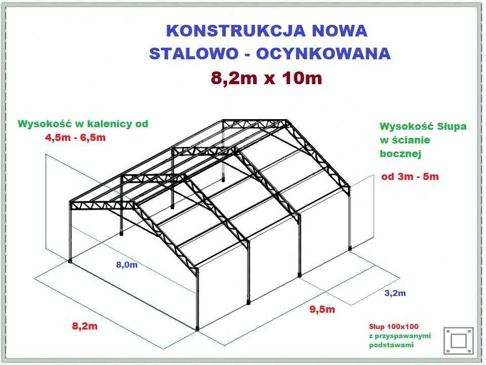 Nowa KONSTRUKCJA WIATA OCYNKOWANA 8,2 x 9,5 Garaż Magazyn Hala Rolna