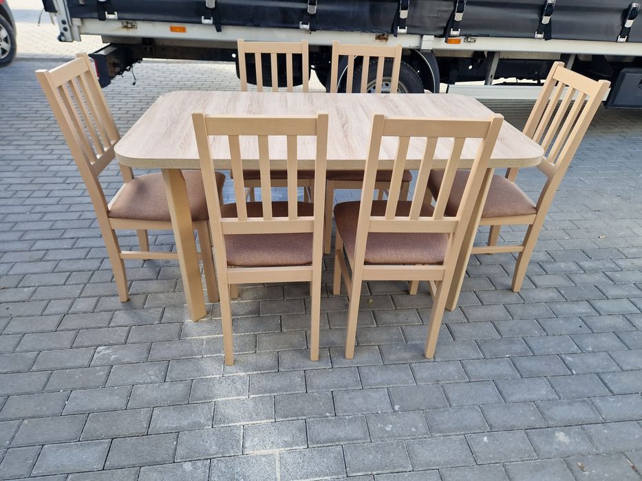 Nowe: Stół 80x140/180 + 6 krzeseł,  sonoma + jasny brąz,  dostawa PL