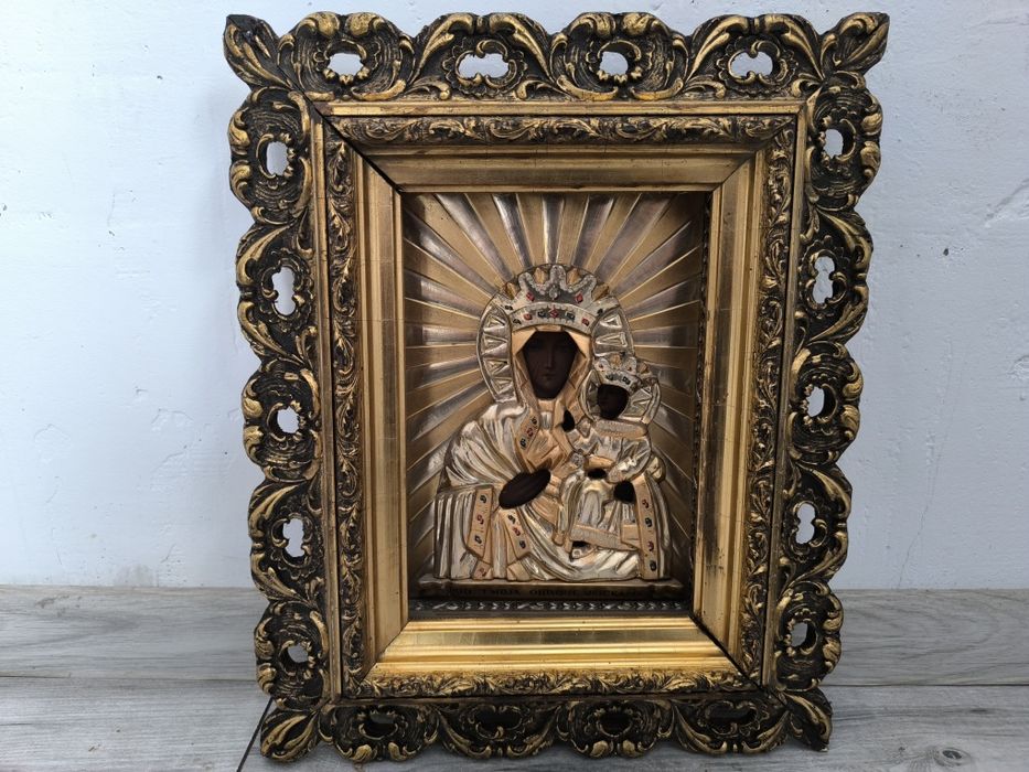 Piękna stara oryginalna XIX wieczna ikona Matki boskiej częstochowskie