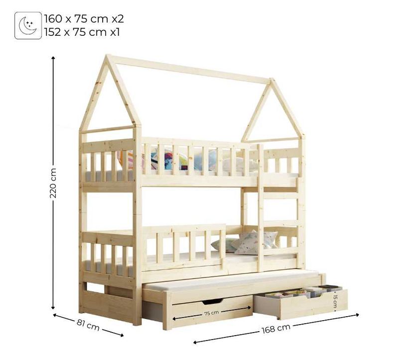 Łóżko dziecięce piętrowe dla 3 os. DOMEK OLA 160x75 + materace