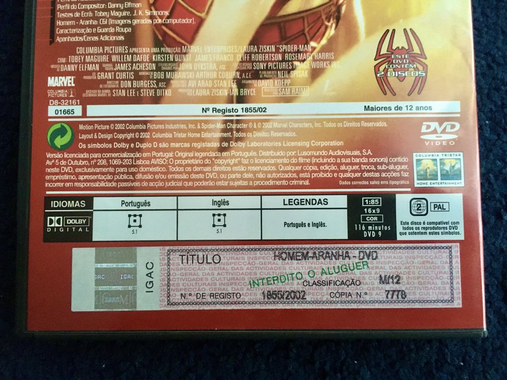 Spider Man - Homem Aranha 2002 Tobey Maguire Sam Raimi - DVD 9GB Dolby 5.1 Português (Portes CTT GRÁTIS)