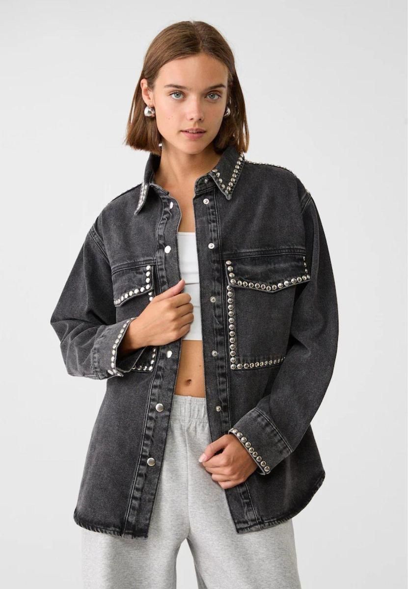 Kurtka Stradivarius Jeansowa 36 S Denim Jeans Ćwieki Czarna Rock Od Za
