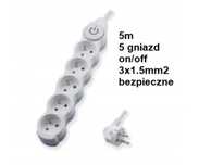 Przedłużacz Audio 5 gniazd z wyłącznikiem uziemieniem solidny 5m 3x1,5