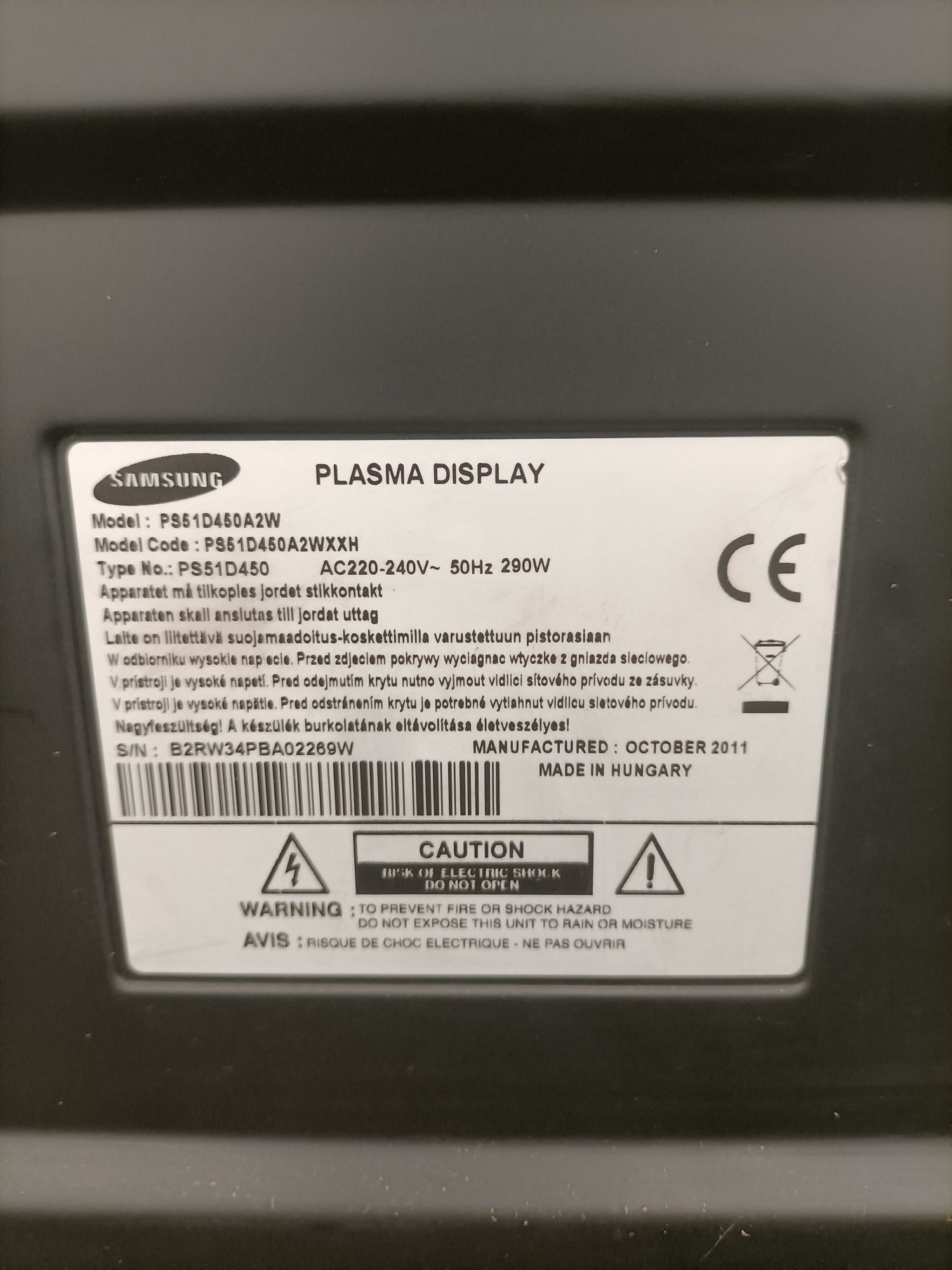 Telewizor plazmowy plazma Samsung PS51D450A2W HDMI. Uszkodzony -części