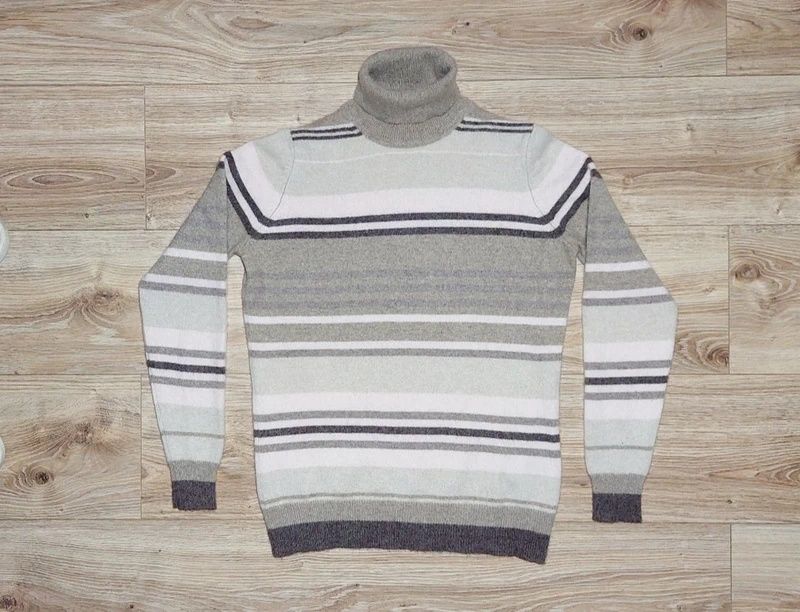 Sweter golf 100% kaszmir beżowy brązowy paski
