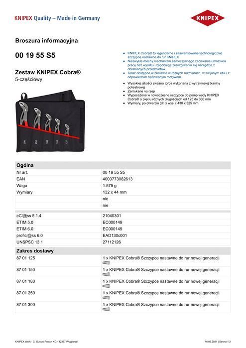 Zestaw Szczypiec Do Rur W Etui 5-Częśc 125,150,180,250,300Mm Knipex
