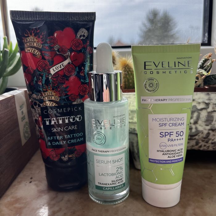 zestaw 3 szt kosmetyki eveline cosmetics spf 50 serum shot krem tattoo
