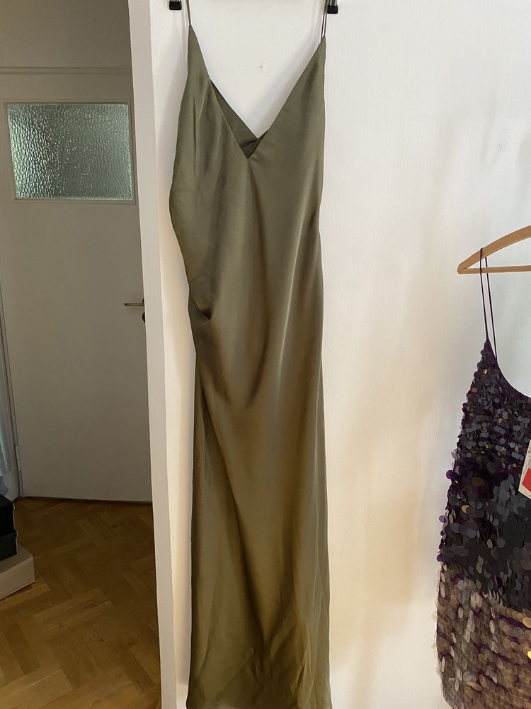 Nowa sukienka zielona oliwkowa satynowa na wesele L 40