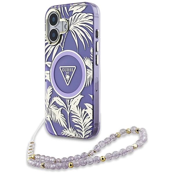 Etui Guess Palm Trees Triangle Pearl Strap MagSafe do iPhone 16 fiolet