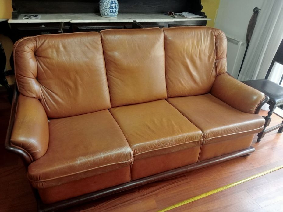 Sofá 3 lugares  e poltrona ( pele verdadeira )