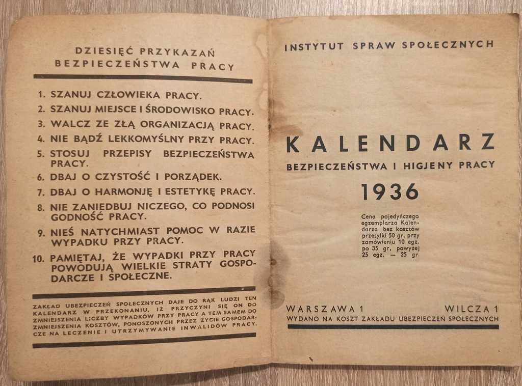 Kalendarz BHP 1936r Bezpieczeństwa i Higieny Pracy