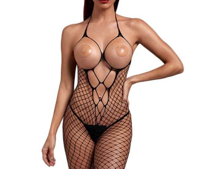 Czarne siateczkowe bodystocking odsłonięty biust duże oczka