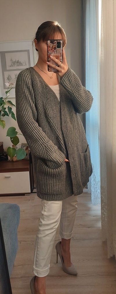 Ciemnoszary długi sweter oversize zapinany kardigan splot Zara Knit M