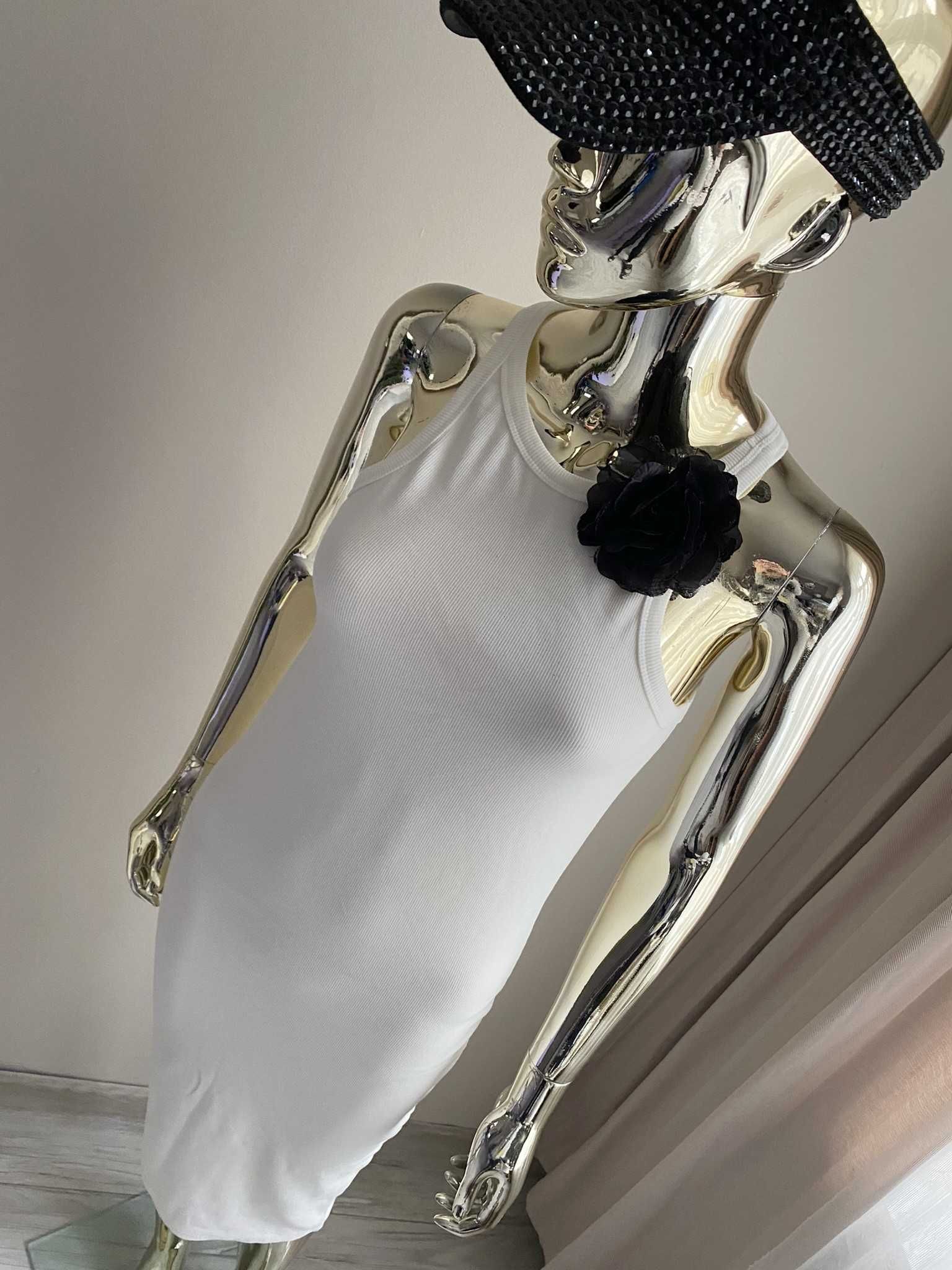 Ciocco nowa sukienka prążek z broszką róża 3D kremowa S-M-L