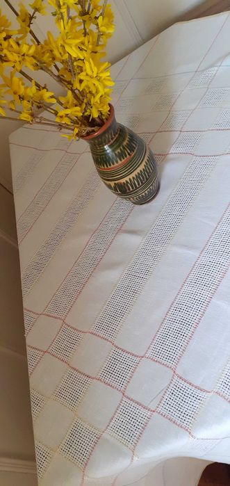 Obrus lniany ażurowe wzory biały + kolor