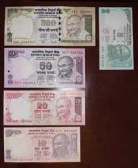Lote 5 Notas de Rúpias da Índia - 500, 50, 20, 10 e 5