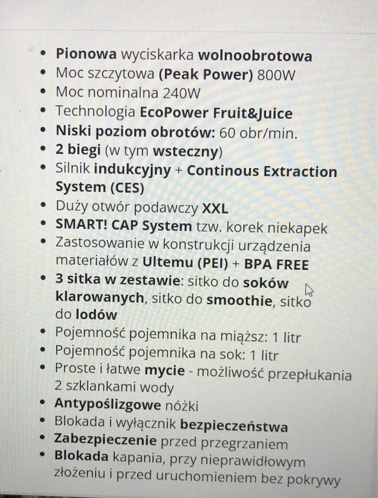 Wyciskarka wolnoobrotowa mocna 800 W