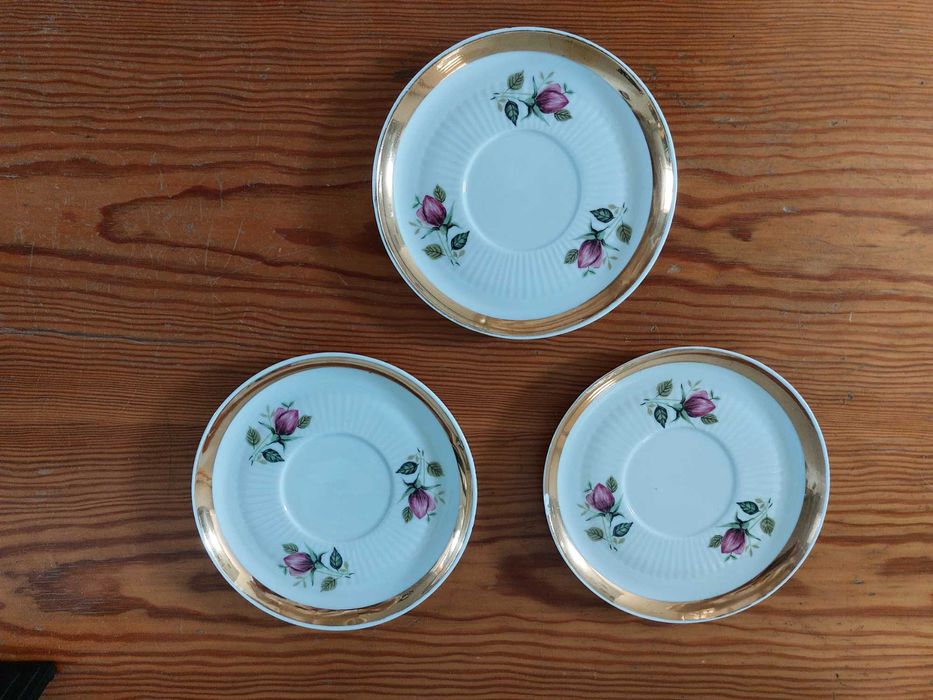 3 spodki/talerzyki/podstawki Chodzież, Roman, róża + złota lamówka PRL