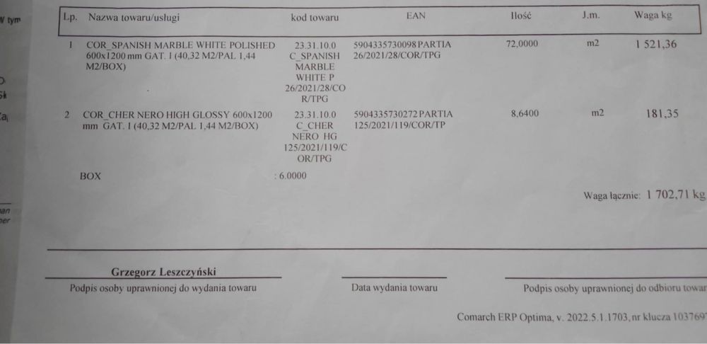 Gres szkliwiony 120x60 – biały 5,76m2– NOWY – 60zł/m2