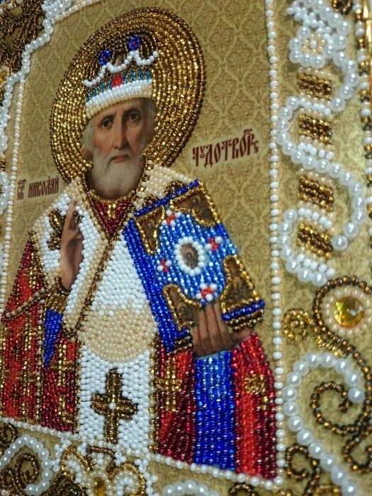 Икона Николай Чудотворец вышитая чешским бисером
