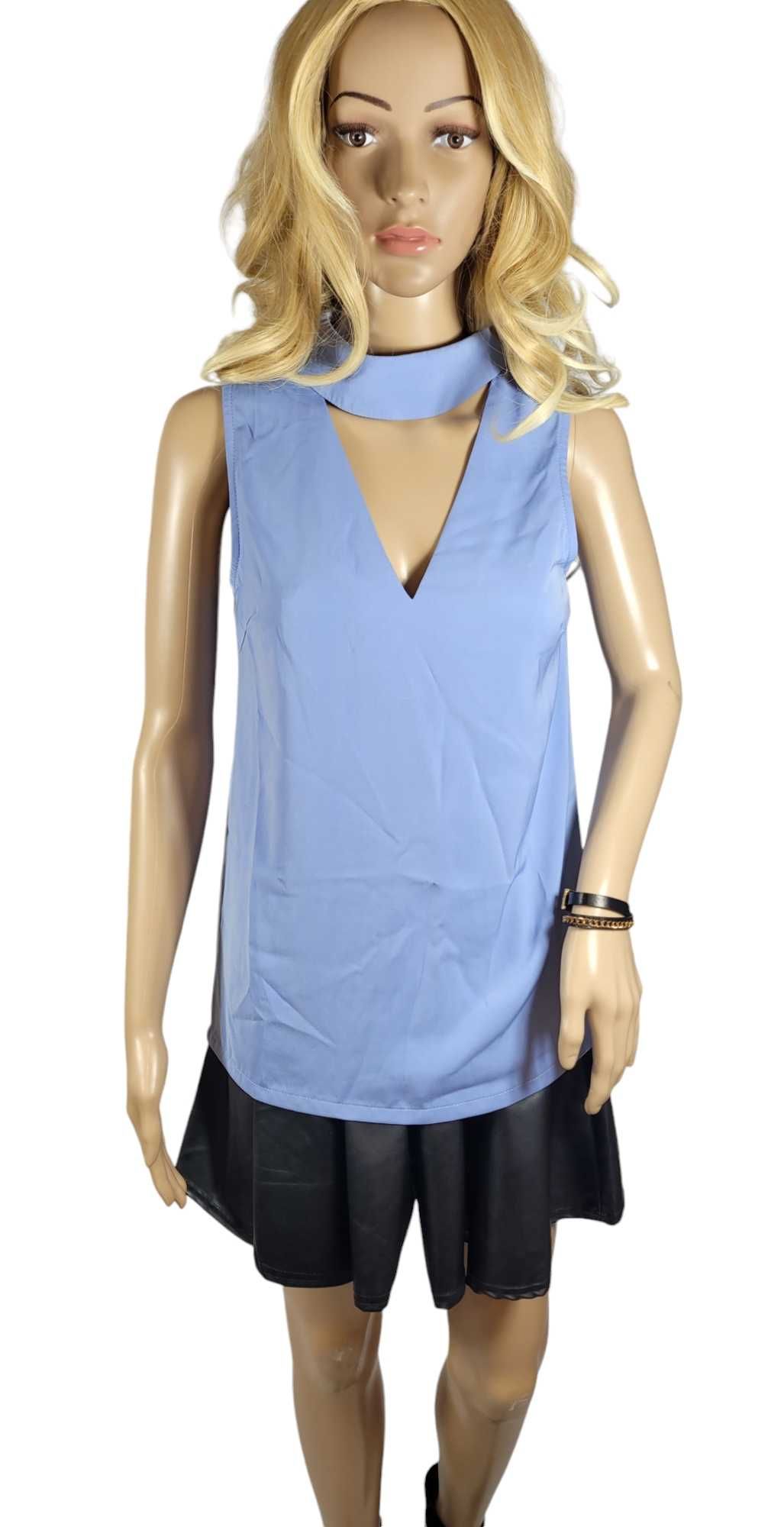 Nowa niebieska bluzka damska 36,S dekolt serek choker