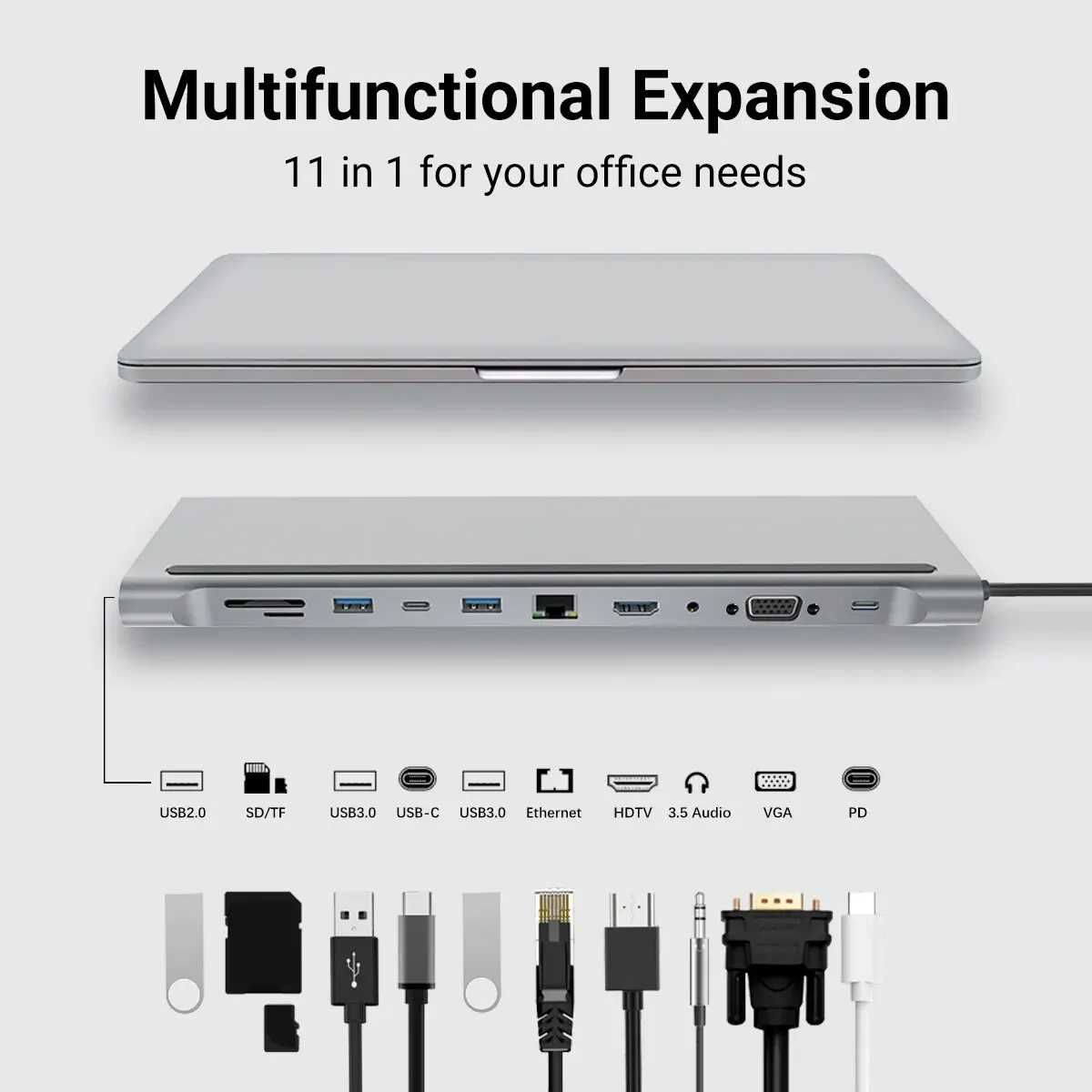 Док-станция/usb-hub 11 in 1 HDMI/VGA/USB3.0/LAN/MicroSD/Type-C+PD