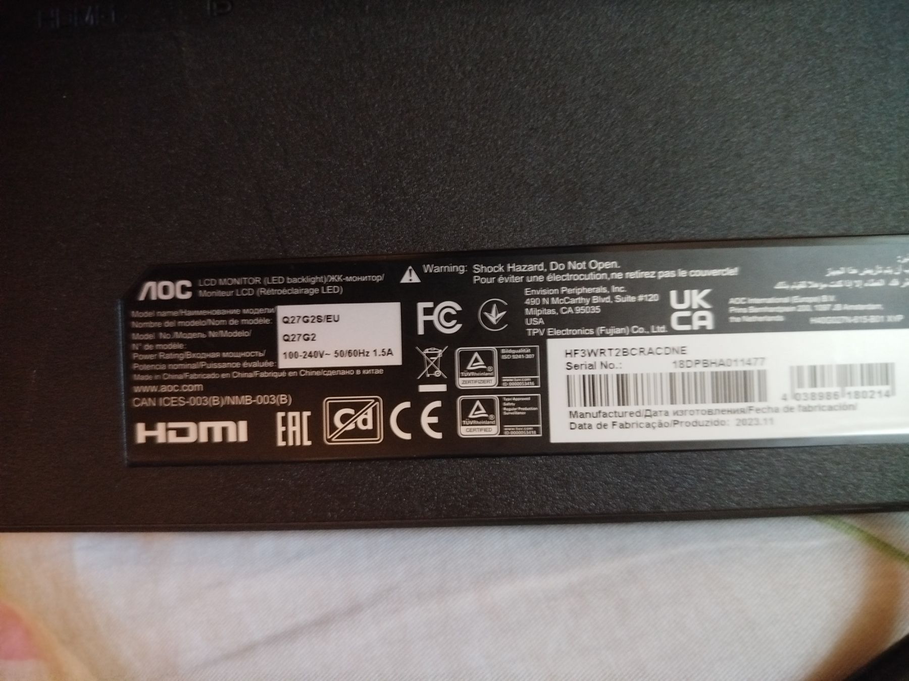 Монітор 27" AOC Gaming 27G2SAE/BK