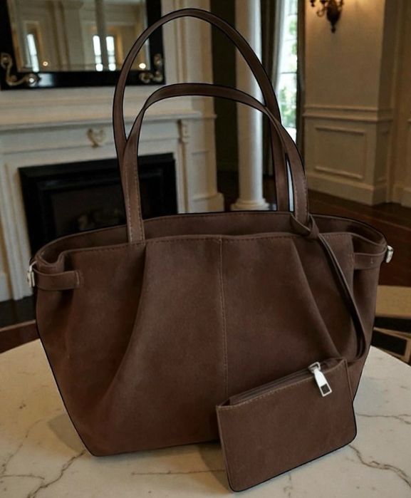 Brązowa torebka na ramię poręczna stylowa zamszowa eko + gratis